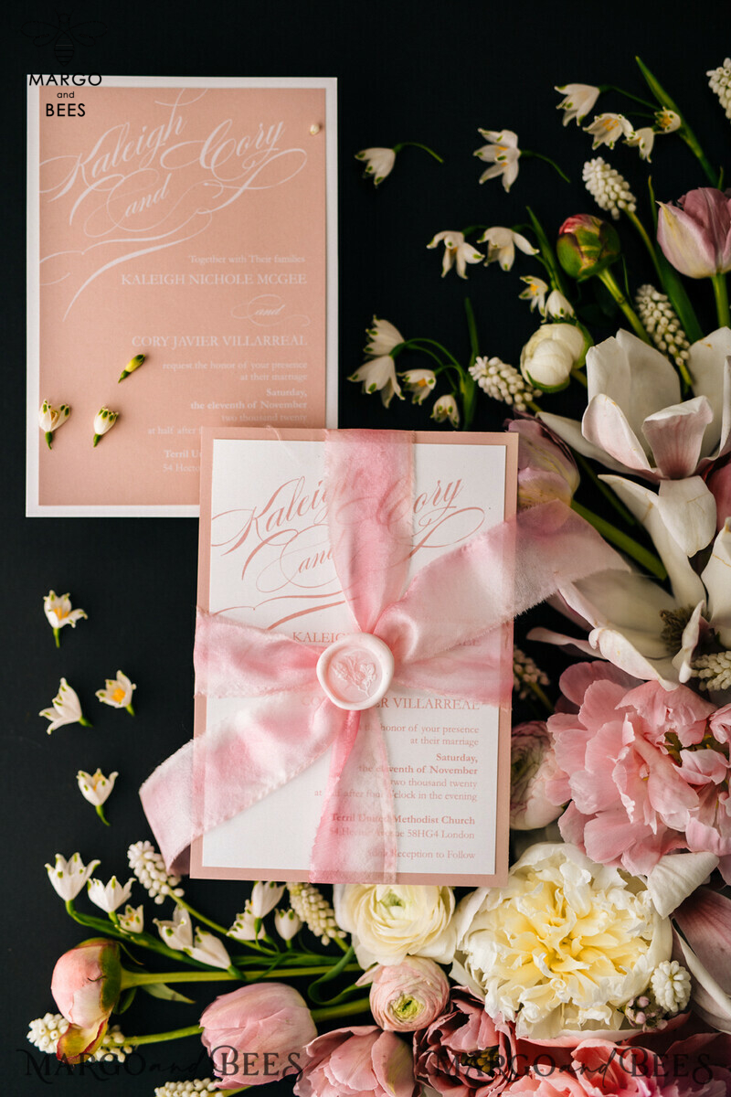 Box Wedding Invitations Fine Art Stationery with Handmade Silk Bow and Floral Wax Seal-6