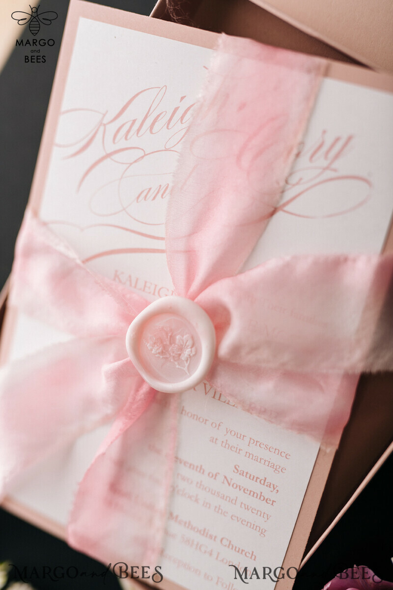 Box Wedding Invitations Fine Art Stationery with Handmade Silk Bow and Floral Wax Seal-0