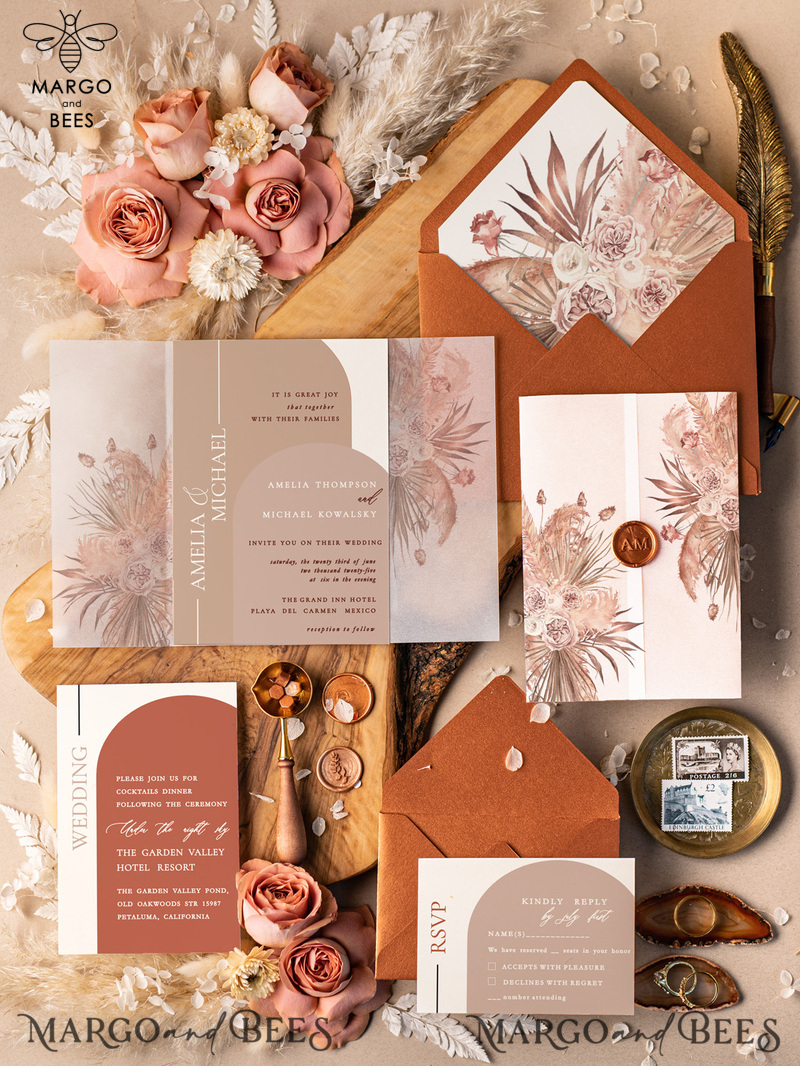 Terrcotta Acrylic Wedding invitations, Elegant Fall wedding invitation Suite • Luxury Copper Wedding Invitation Suite • Terracotta  wedding Stationery-1