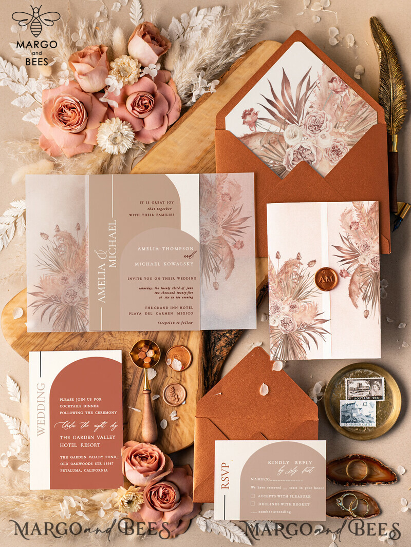 Introducing our Terracotta Acrylic Wedding Invitations - An Elegant Fall Wedding Invitation Suite with a touch of Luxury Copper! Discover our exquisite Terracotta Wedding Stationery collection.-1