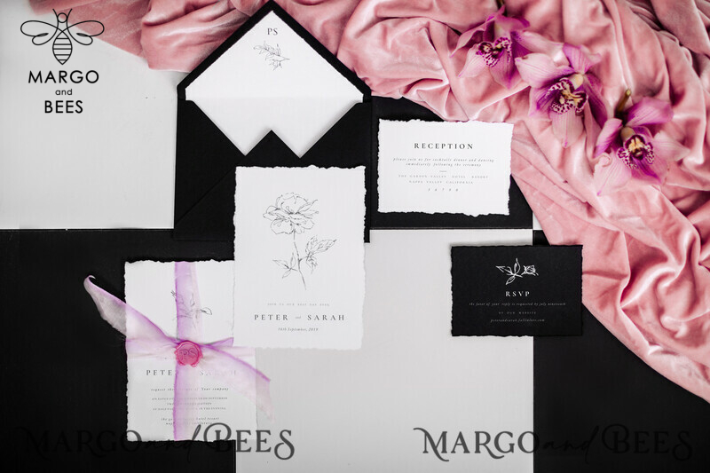 Gothic Black Wedding Invitations with Elegant Rose Flower Design and Purple Ribbon: Minimalistic and Simplistic Goth Wedding Stationery-0