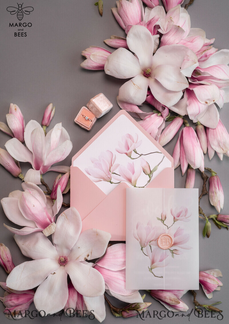 Luxury Frozen Acrylic Plexi Wedding Invitations: Romantic Blush Pink Wedding Invites with Vellum Cover and Elegant Magnolia Design - Minimalistic Wedding Stationery-1