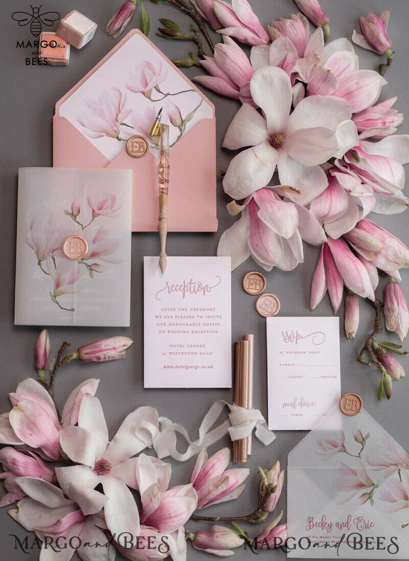 Luxury Frozen Acrylic Plexi Wedding Invitations: Romantic Blush Pink Wedding Invites with Vellum Cover and Elegant Magnolia Design - Minimalistic Wedding Stationery-10