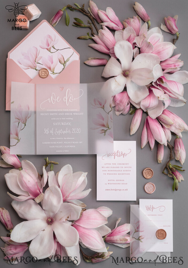 Luxury Frozen Acrylic Plexi Wedding Invitations: Romantic Blush Pink Wedding Invites with Vellum Cover and Elegant Magnolia Design - Minimalistic Wedding Stationery-11