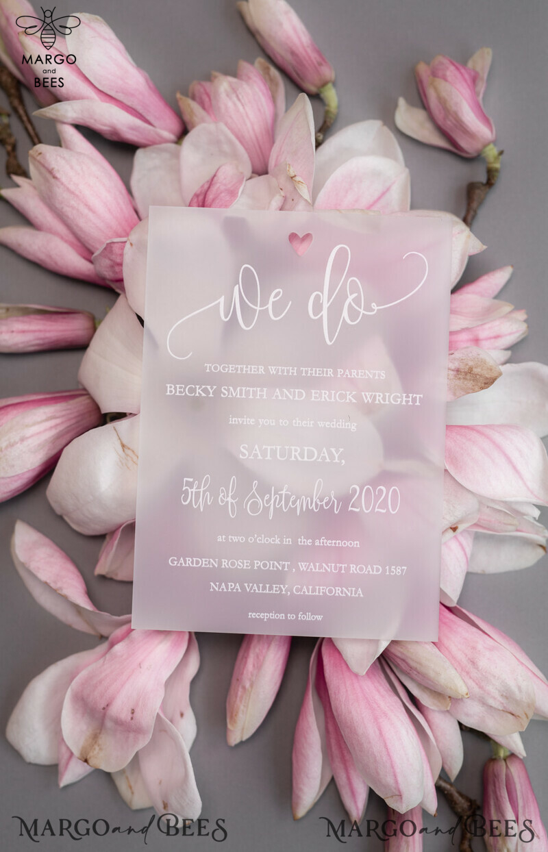 Luxury Frozen Acrylic Plexi Wedding Invitations: Romantic Blush Pink Wedding Invites with Vellum Cover and Elegant Magnolia Design - Minimalistic Wedding Stationery-13