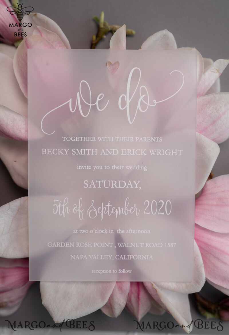 Luxury Frozen Acrylic Plexi Wedding Invitations: Romantic Blush Pink Wedding Invites with Vellum Cover and Elegant Magnolia Design - Minimalistic Wedding Stationery-14