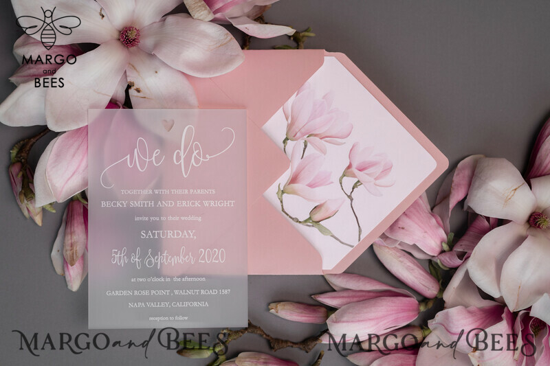 Luxury Frozen Acrylic Plexi Wedding Invitations: Romantic Blush Pink Wedding Invites with Vellum Cover and Elegant Magnolia Design - Minimalistic Wedding Stationery-15