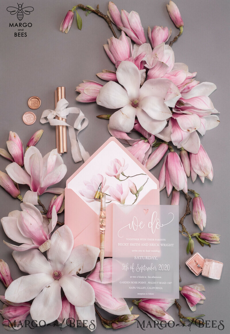 Luxury Frozen Acrylic Plexi Wedding Invitations: Romantic Blush Pink Wedding Invites with Vellum Cover and Elegant Magnolia Design - Minimalistic Wedding Stationery-16