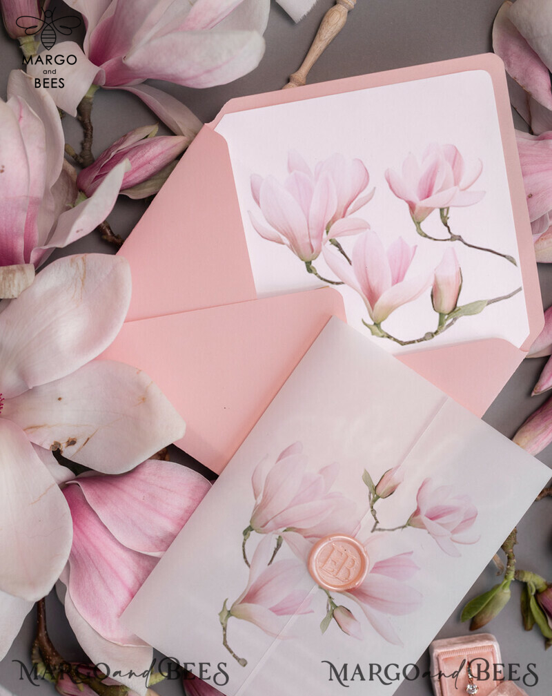 Luxury Frozen Acrylic Plexi Wedding Invitations: Romantic Blush Pink Wedding Invites with Vellum Cover and Elegant Magnolia Design - Minimalistic Wedding Stationery-2