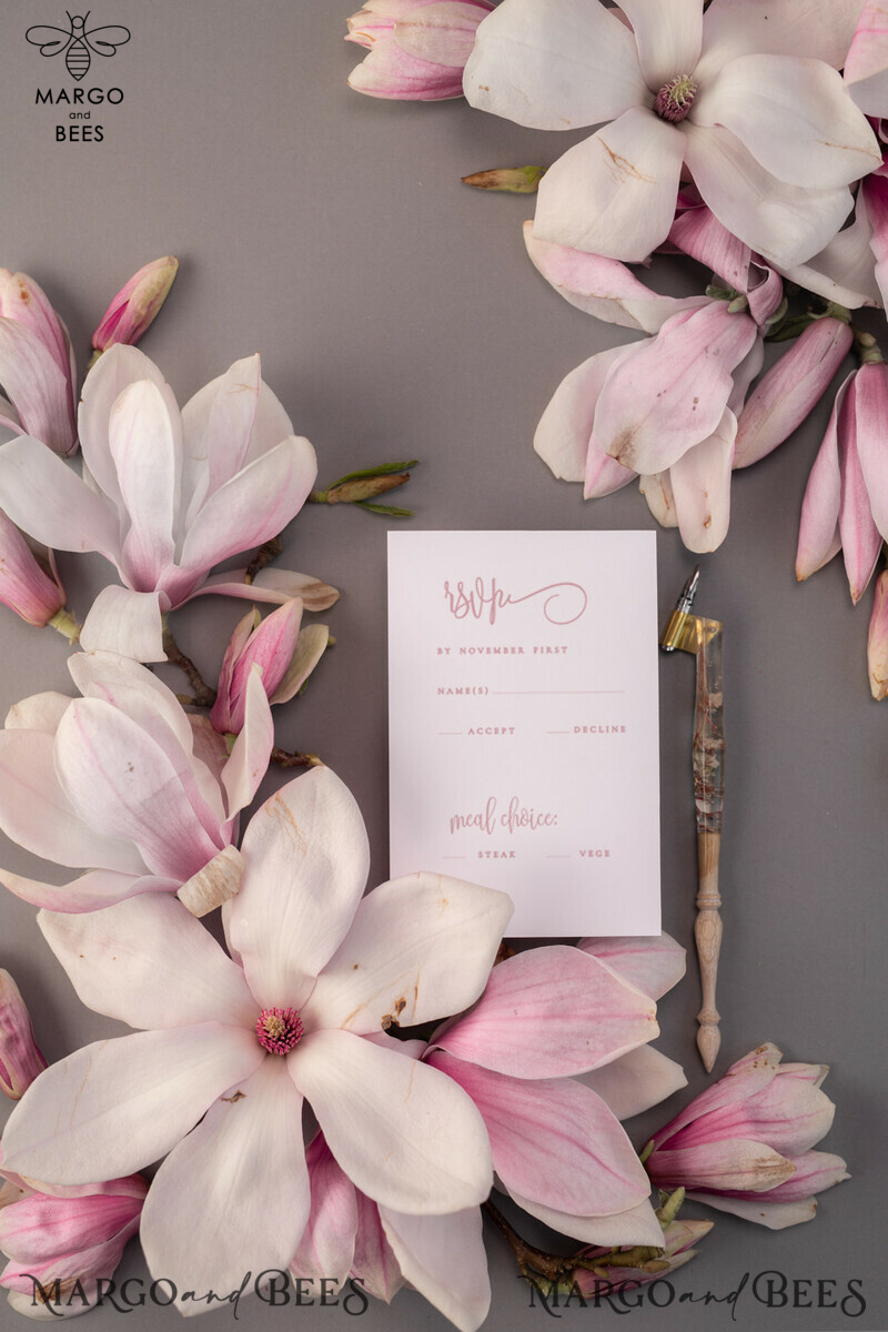Luxury Frozen Acrylic Plexi Wedding Invitations: Romantic Blush Pink Wedding Invites with Vellum Cover and Elegant Magnolia Design - Minimalistic Wedding Stationery-3