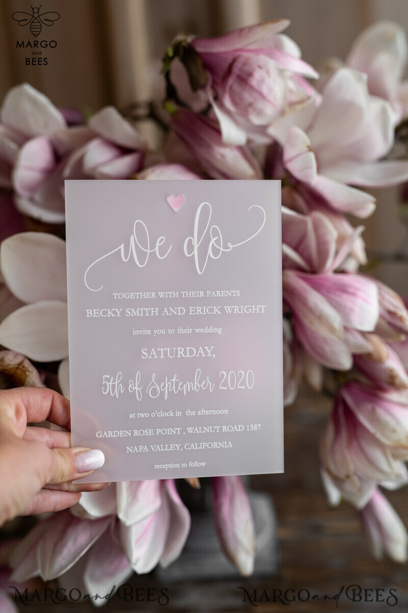 Luxury Frozen Acrylic Plexi Wedding Invitations: Romantic Blush Pink Wedding Invites with Vellum Cover and Elegant Magnolia Design - Minimalistic Wedding Stationery-4