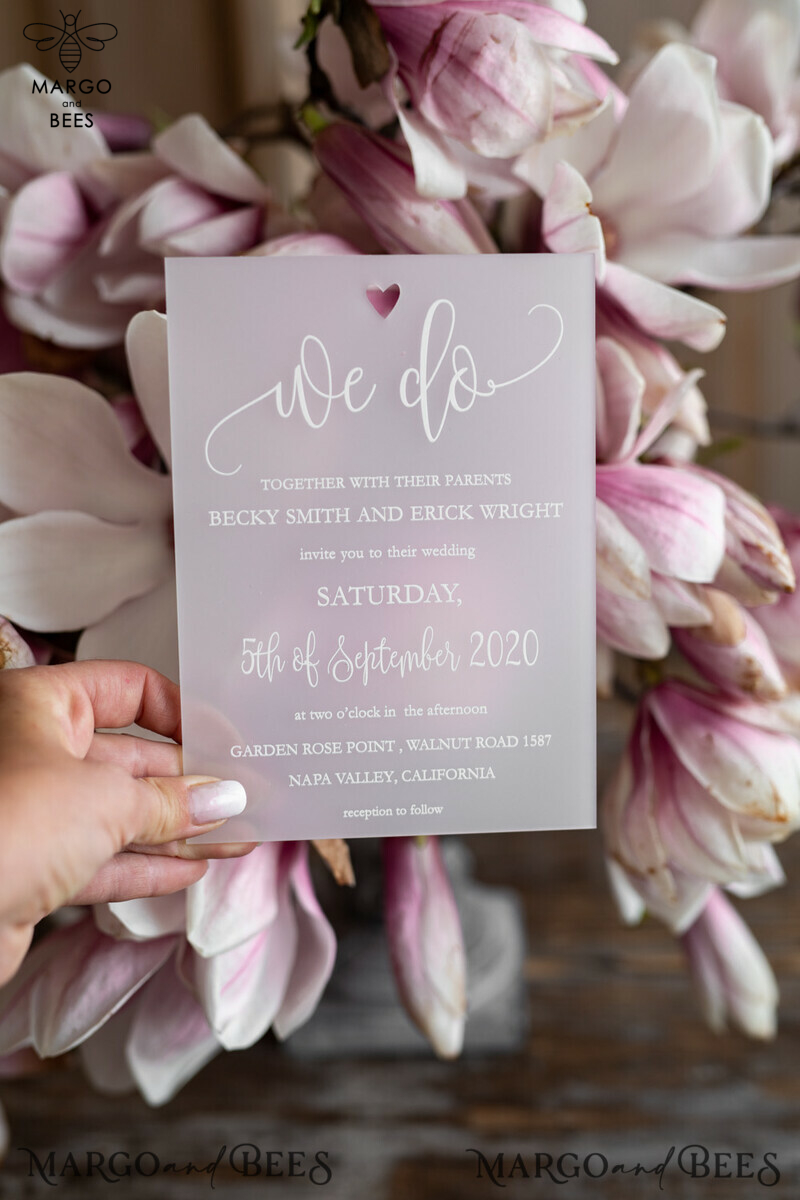 Luxury Frozen Acrylic Plexi Wedding Invitations: Romantic Blush Pink Wedding Invites with Vellum Cover and Elegant Magnolia Design - Minimalistic Wedding Stationery-5