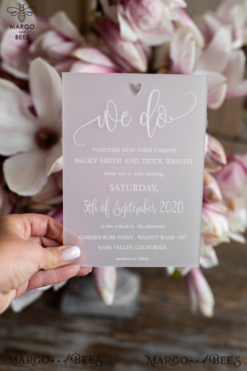 Luxury Frozen Acrylic Plexi Wedding Invitations: Romantic Blush Pink Wedding Invites with Vellum Cover and Elegant Magnolia Design - Minimalistic Wedding Stationery-6