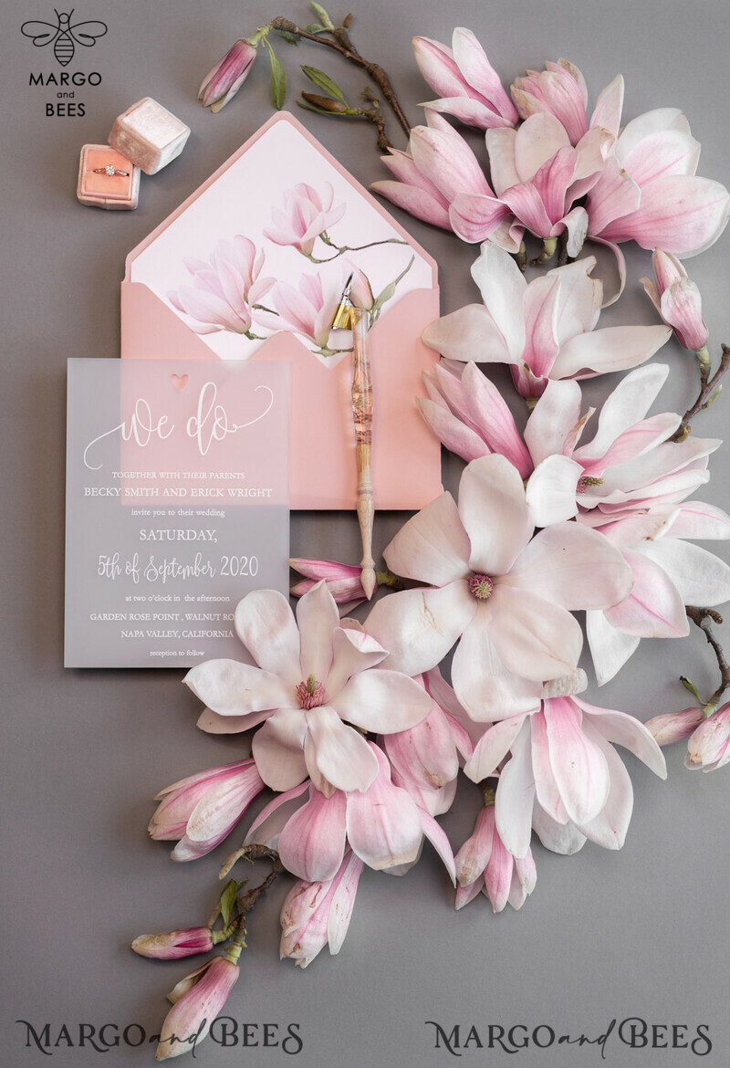 Luxury Frozen Acrylic Plexi Wedding Invitations: Romantic Blush Pink Wedding Invites with Vellum Cover and Elegant Magnolia Design - Minimalistic Wedding Stationery-7