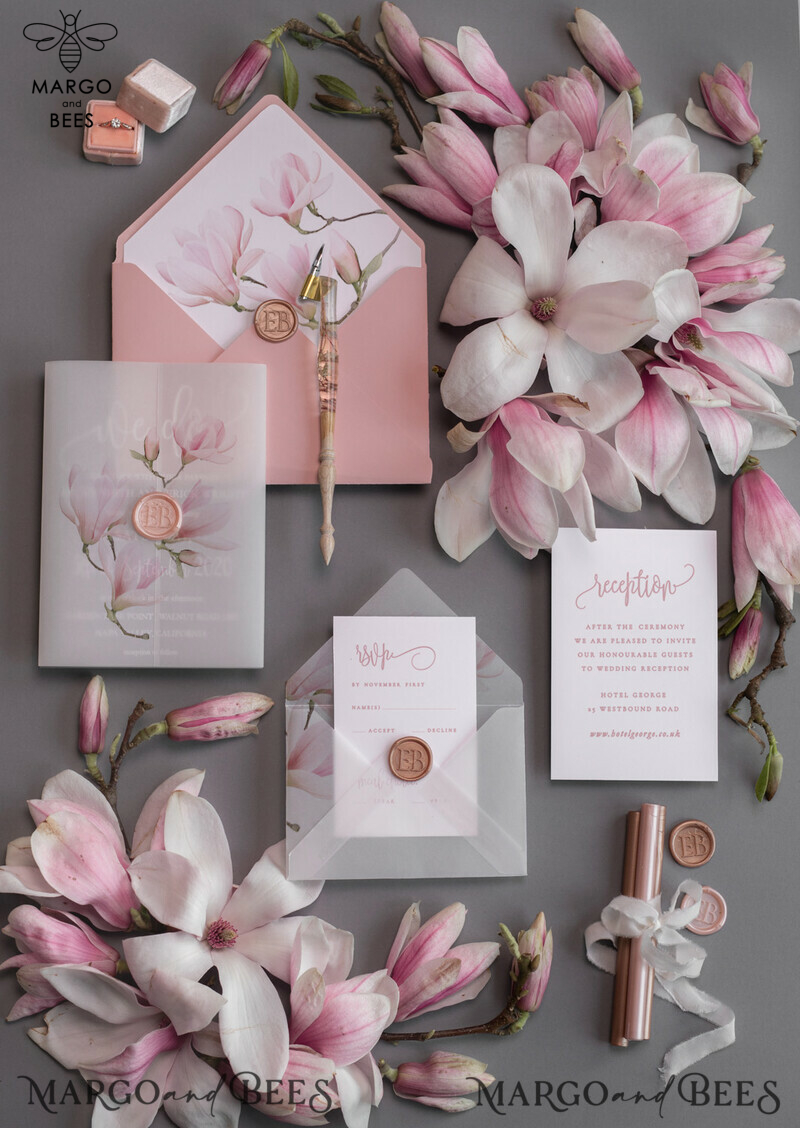 Luxury Frozen Acrylic Plexi Wedding Invitations: Romantic Blush Pink Wedding Invites with Vellum Cover and Elegant Magnolia Design - Minimalistic Wedding Stationery-9