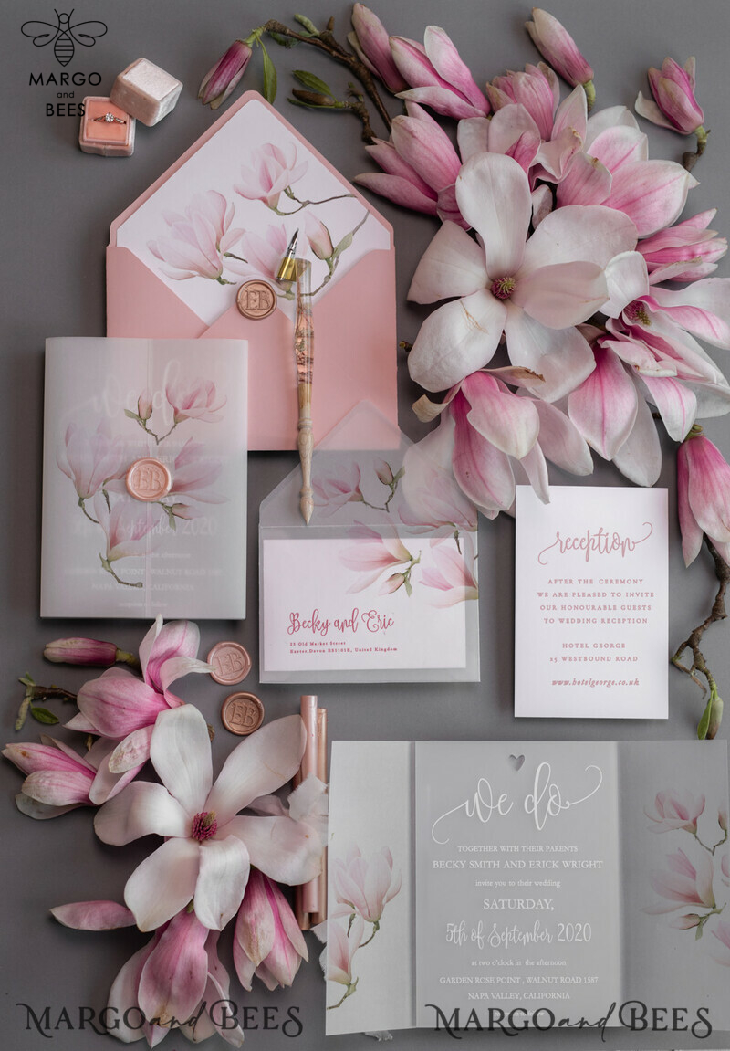 Luxury Frozen Acrylic Plexi Wedding Invitations: Romantic Blush Pink Wedding Invites with Vellum Cover and Elegant Magnolia Design - Minimalistic Wedding Stationery-0