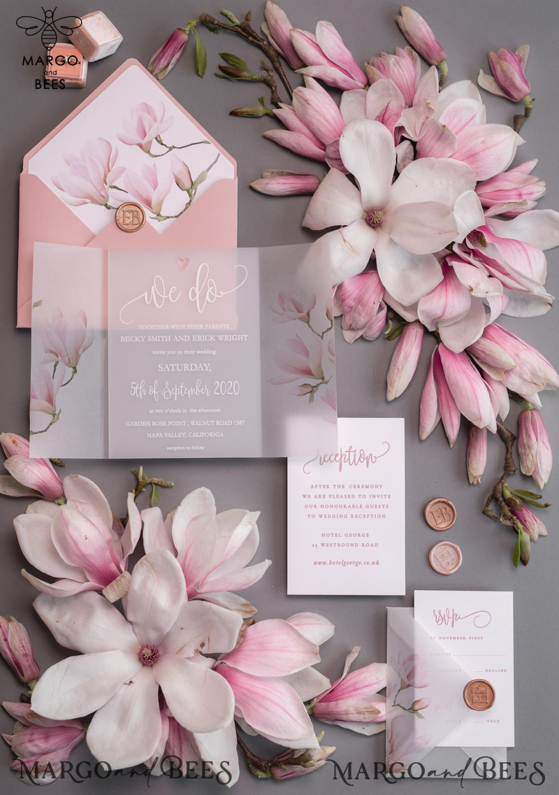  Luxury Frozen Acrylic Plexi Wedding Invitations, , Romantic Blush Pink Wedding Invites With Vellum Cover, Elegant Magnolia Wedding Cards, Minimalistic Wedding Stationery-11