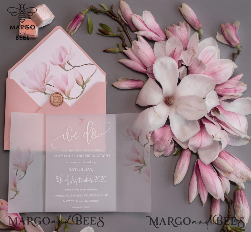  Luxury Frozen Acrylic Plexi Wedding Invitations, , Romantic Blush Pink Wedding Invites With Vellum Cover, Elegant Magnolia Wedding Cards, Minimalistic Wedding Stationery-12
