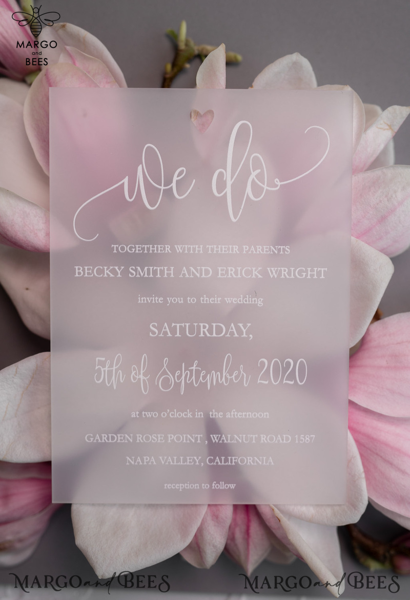  Luxury Frozen Acrylic Plexi Wedding Invitations, , Romantic Blush Pink Wedding Invites With Vellum Cover, Elegant Magnolia Wedding Cards, Minimalistic Wedding Stationery-14