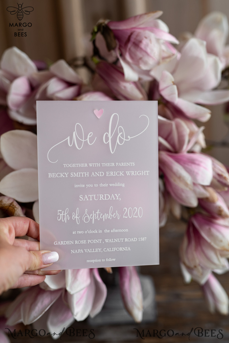  Luxury Frozen Acrylic Plexi Wedding Invitations, , Romantic Blush Pink Wedding Invites With Vellum Cover, Elegant Magnolia Wedding Cards, Minimalistic Wedding Stationery-4