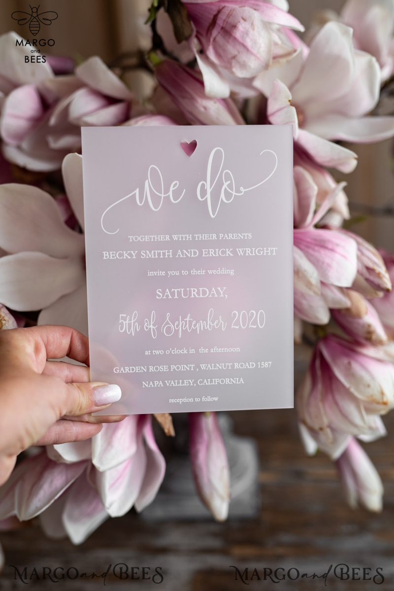  Luxury Frozen Acrylic Plexi Wedding Invitations, , Romantic Blush Pink Wedding Invites With Vellum Cover, Elegant Magnolia Wedding Cards, Minimalistic Wedding Stationery-5