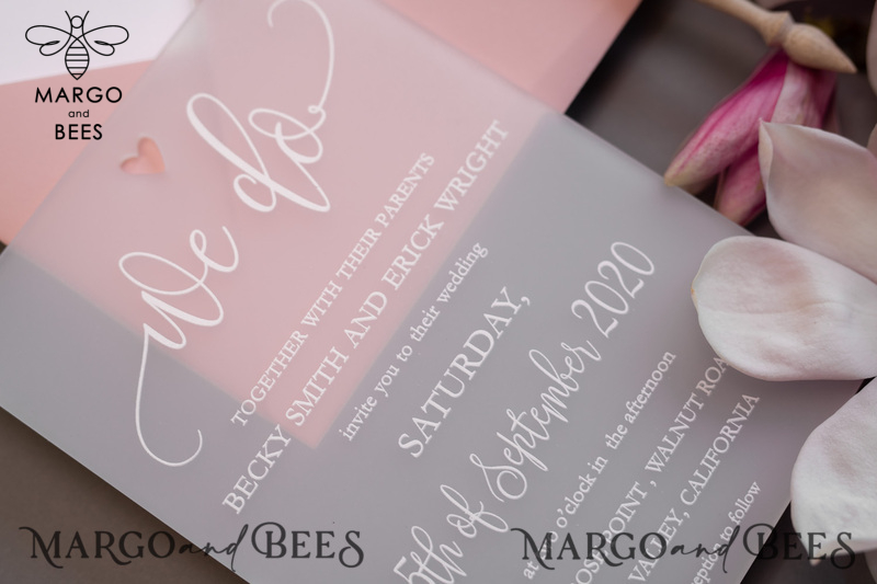  Luxury Frozen Acrylic Plexi Wedding Invitations, , Romantic Blush Pink Wedding Invites With Vellum Cover, Elegant Magnolia Wedding Cards, Minimalistic Wedding Stationery-8
