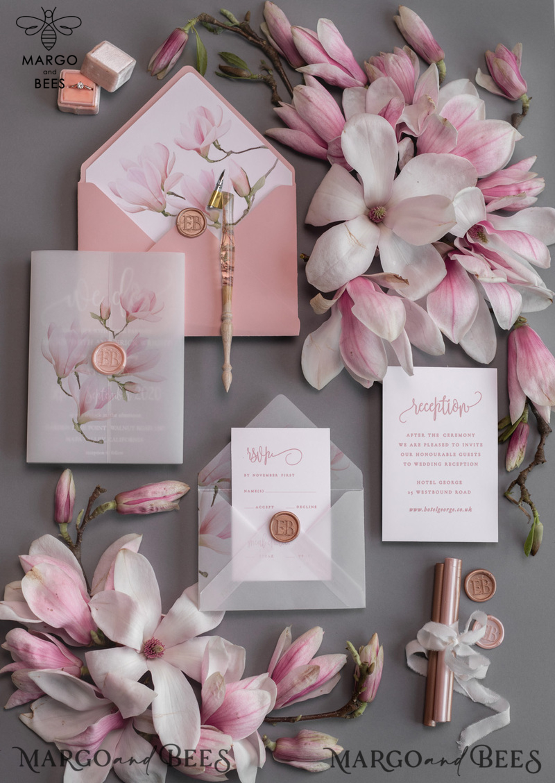  Luxury Frozen Acrylic Plexi Wedding Invitations, , Romantic Blush Pink Wedding Invites With Vellum Cover, Elegant Magnolia Wedding Cards, Minimalistic Wedding Stationery-9
