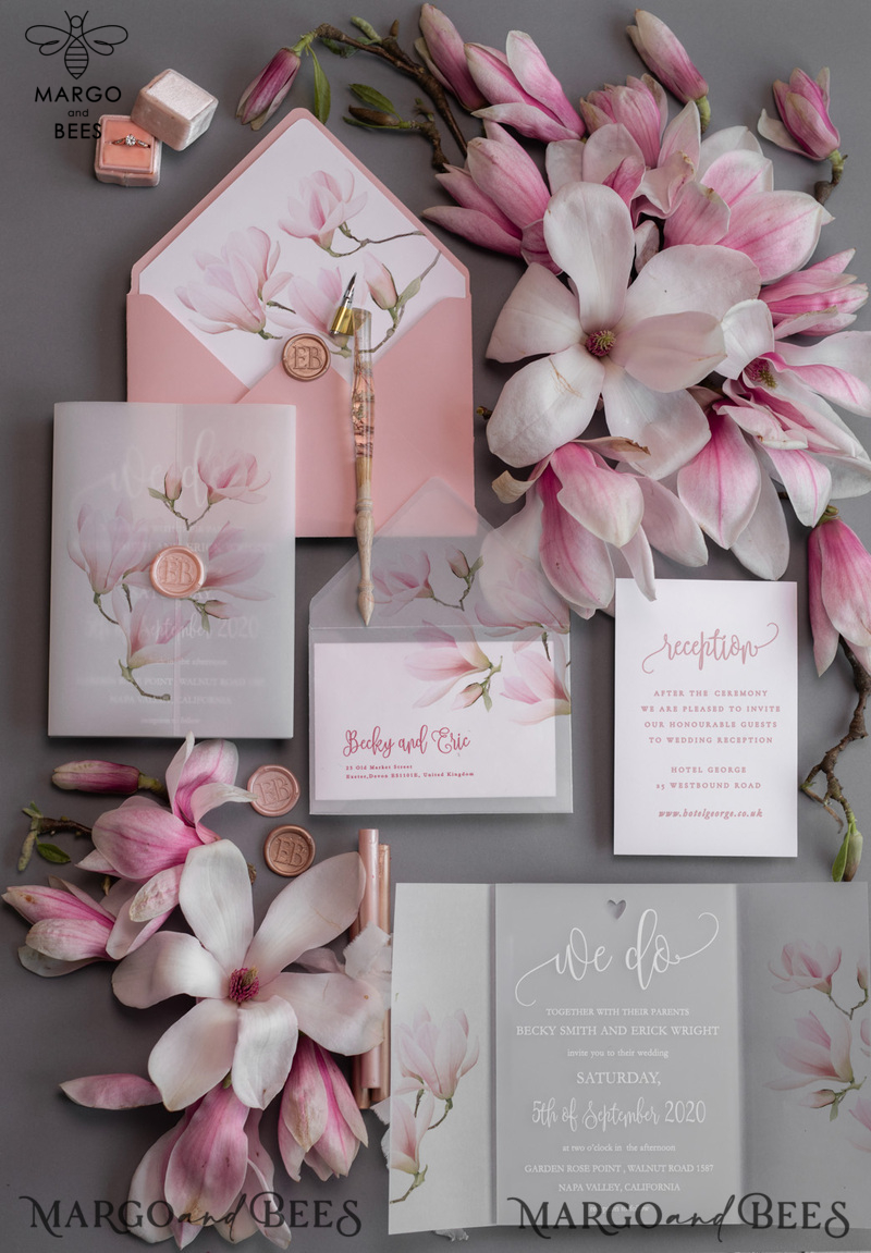  Luxury Frozen Acrylic Plexi Wedding Invitations, , Romantic Blush Pink Wedding Invites With Vellum Cover, Elegant Magnolia Wedding Cards, Minimalistic Wedding Stationery-0
