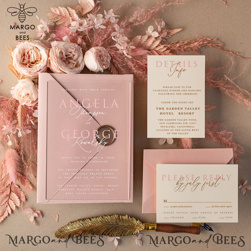 Blush Pink Modern  Acrylic Wedding Invitations, Spring Boho  Plexi Wedding Invitation Suite, Elegant Boho Wedding Invites, Minimalist  Wedding Stationery-1