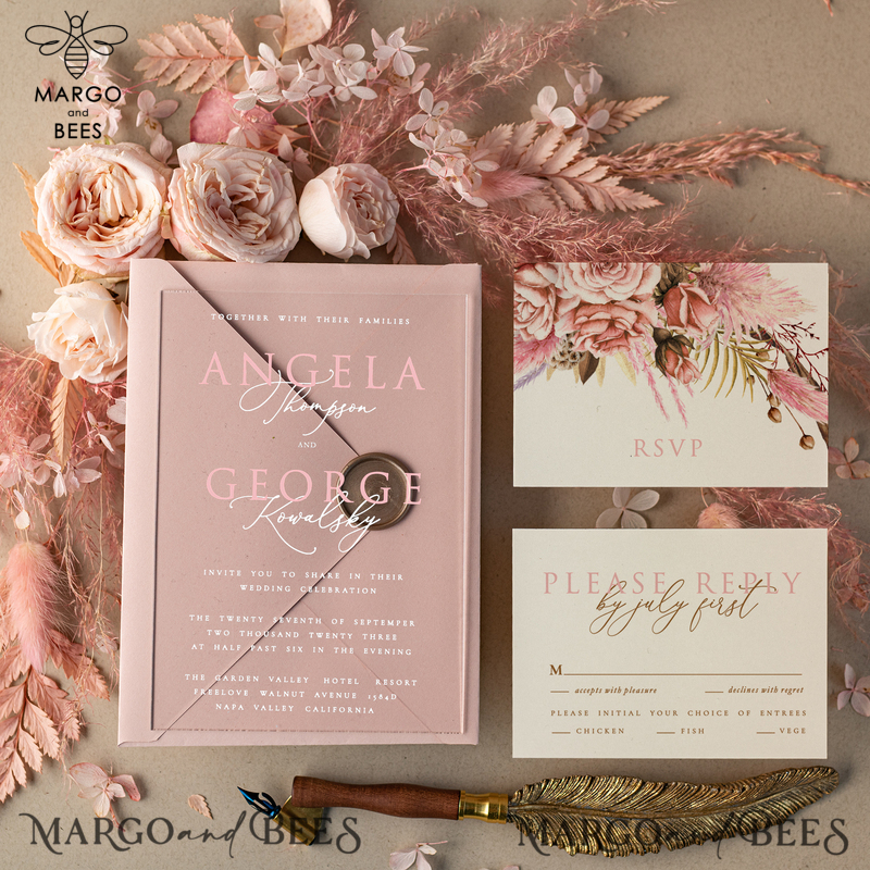 Blush Pink Modern  Acrylic Wedding Invitations, Spring Boho  Plexi Wedding Invitation Suite, Elegant Boho Wedding Invites, Minimalist  Wedding Stationery-2