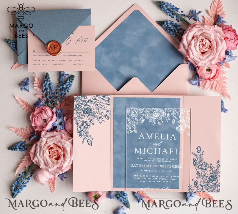 Velvet Blush Pink Modern Wedding invitations, Acrylic frozen blue pink wedding invitations, Plexi wedding invitations, Luxury blue blush pink Wedding Invitations-3