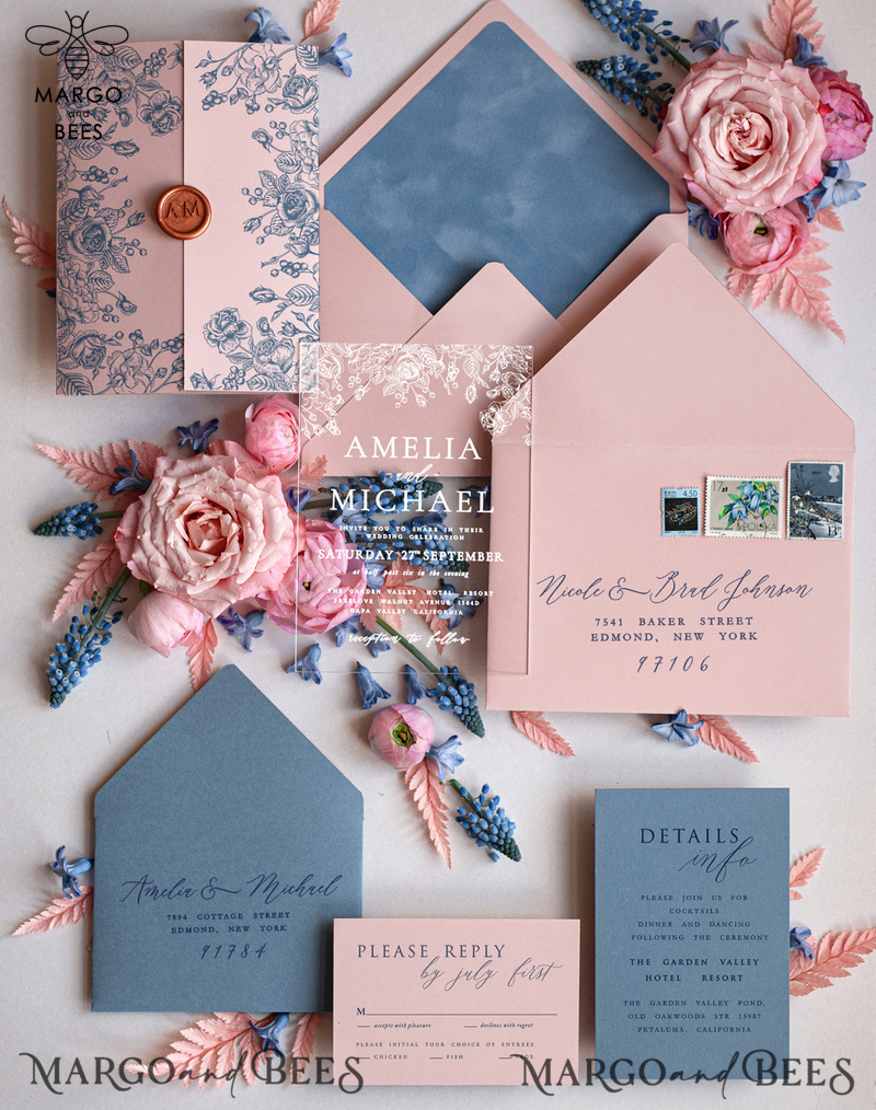 Velvet Blush Pink Modern Wedding invitations, Acrylic frozen blue pink wedding invitations, Plexi wedding invitations, Luxury blue blush pink Wedding Invitations-1