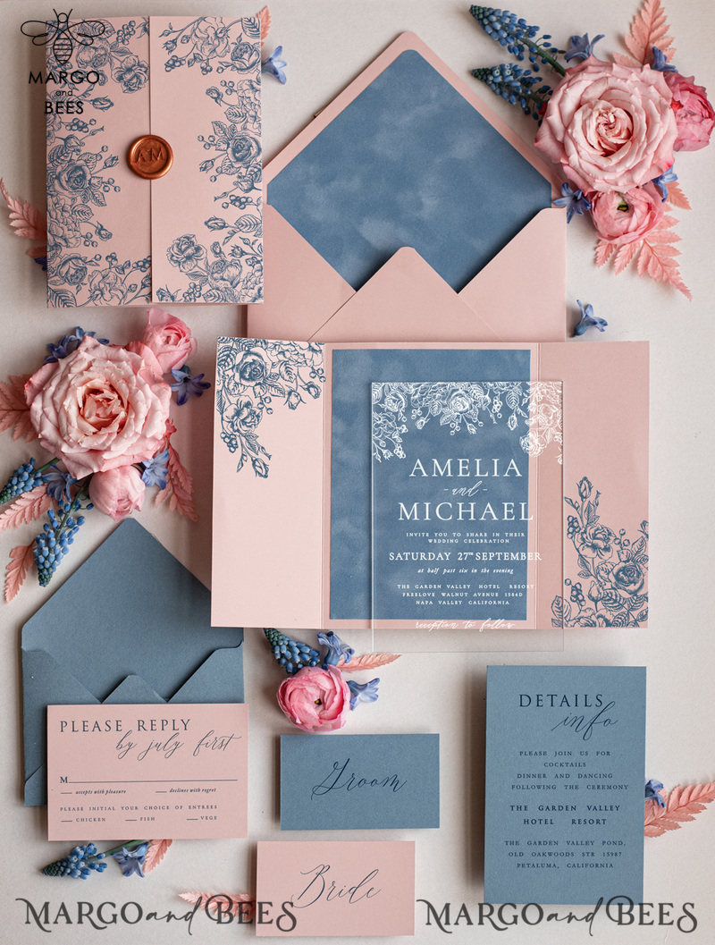Velvet Blush Pink Modern Wedding invitations, Acrylic frozen blue pink wedding invitations, Plexi wedding invitations, Luxury blue blush pink Wedding Invitations-0