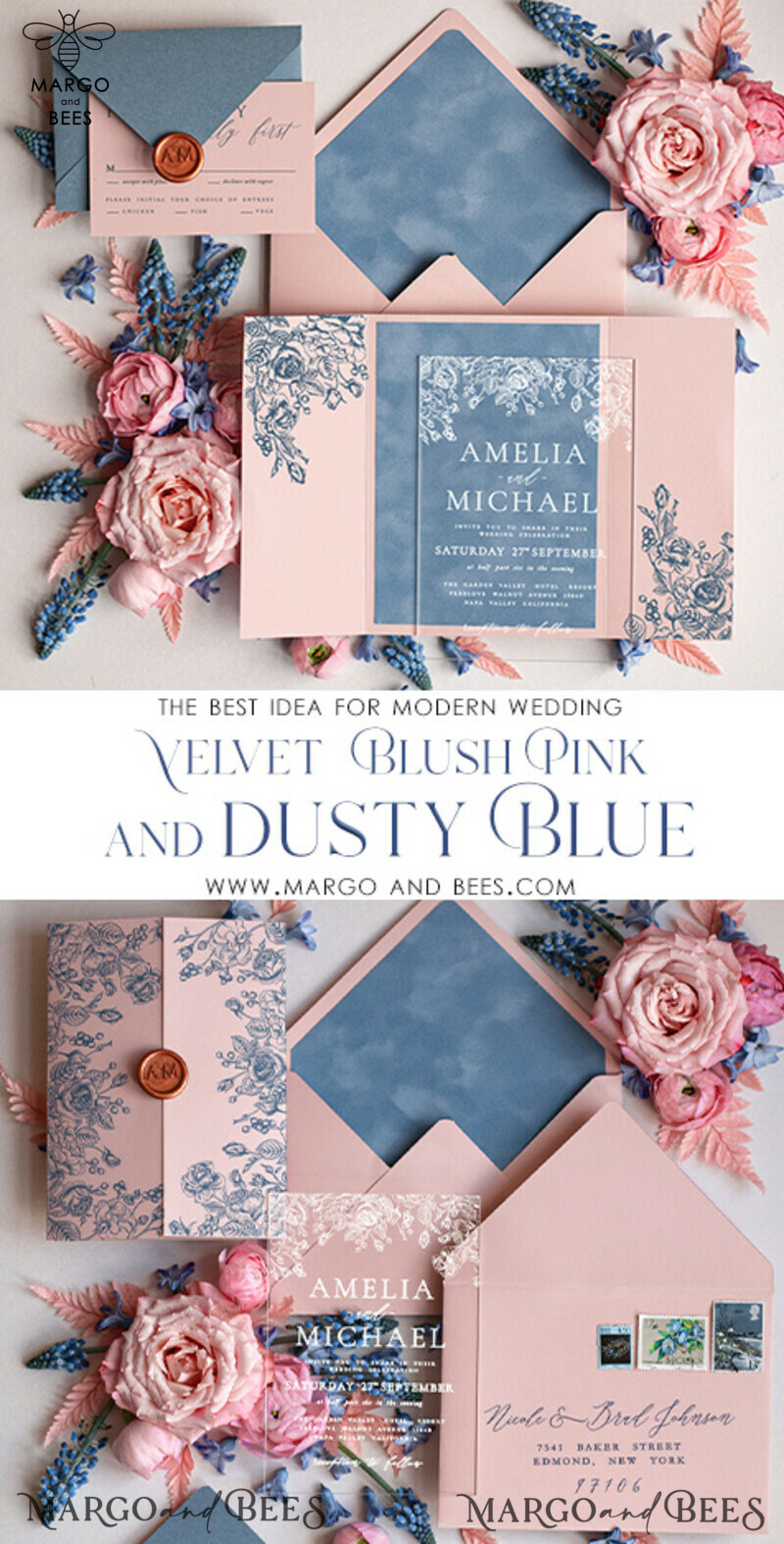 Luxury Velvet Blush Pink and Acrylic Frozen Blue Pink Wedding Invitations with Plexi Elegance-3