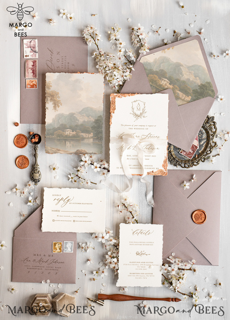 Stunning wedding invitations, Luxury Gold wedding invitation Set, Elegant Wedding Invitation Suite, Luxury wedding Card, Golden deckled edge paper wedding Invitess-0