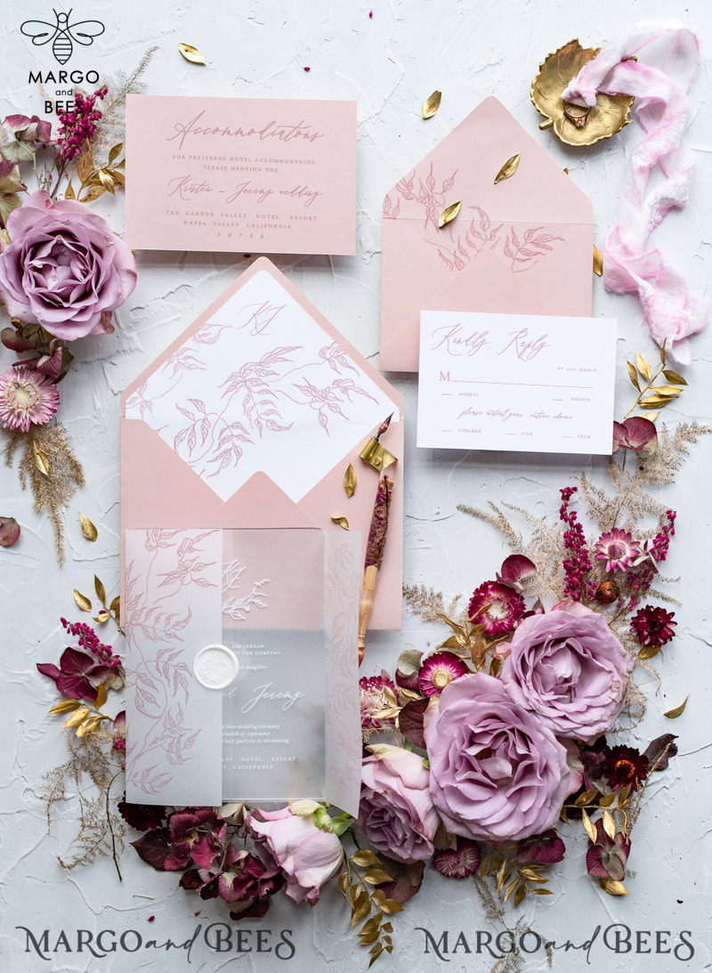 Luxury Floral Acrylic Plexi Wedding Invitations, Romantic Blush Pink Wedding Invites, Bespoke Leaf Wedding Invitation Suite, Elegant Wedding Cards With Vellum Cover-0