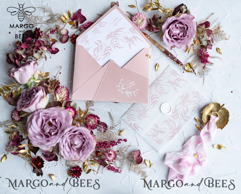 Luxury Floral Acrylic Plexi Wedding Invitations, Romantic Blush Pink Wedding Invites, Bespoke Leaf Wedding Invitation Suite, Elegant Wedding Cards With Vellum Cover-2
