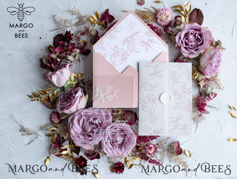 Luxury Floral Acrylic Plexi Wedding Invitations, Romantic Blush Pink Wedding Invites, Bespoke Leaf Wedding Invitation Suite, Elegant Wedding Cards With Vellum Cover-1