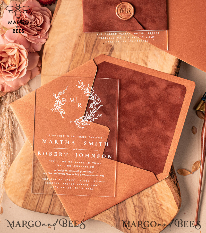 Stunning Acrylic wedding invitations, Elegant Velvet  wedding invitations • Romantic Luxury Terracotta  Wedding Invitation Suite • Acrylic Fall wedding Invites-2