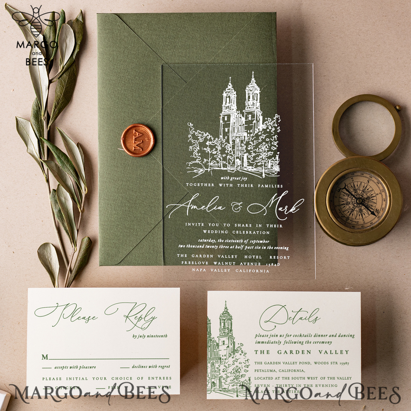 Tusany Your Venue Acrylic Wedding Invitations, Olive Italian Plexi Wedding Invitation Suite, Modern Tuscan Wedding Invites with Venue Sketch -1