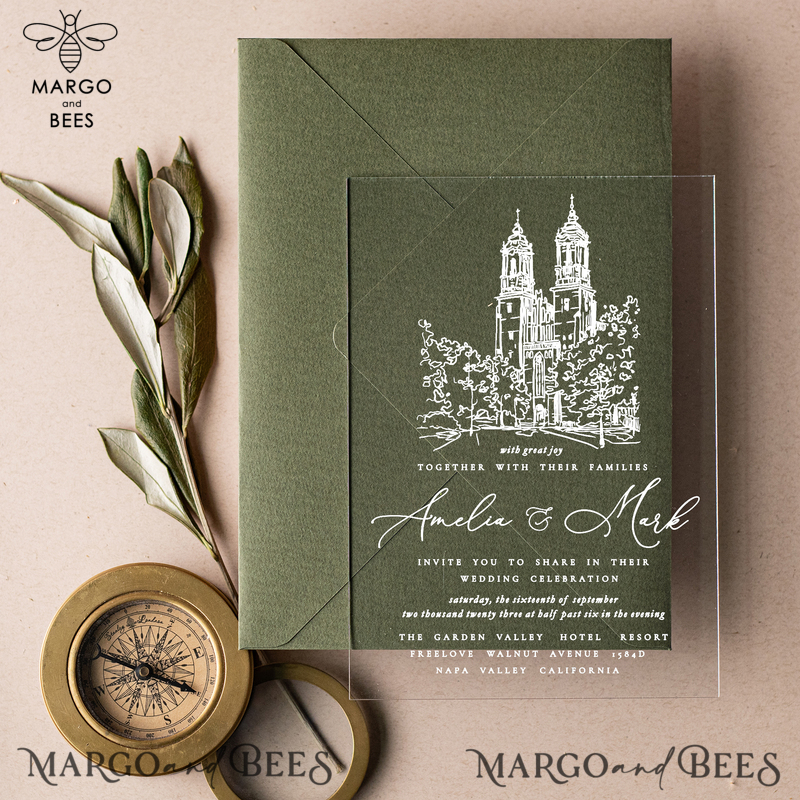 Tusany Your Venue Acrylic Wedding Invitations, Olive Italian Plexi Wedding Invitation Suite, Modern Tuscan Wedding Invites with Venue Sketch -2
