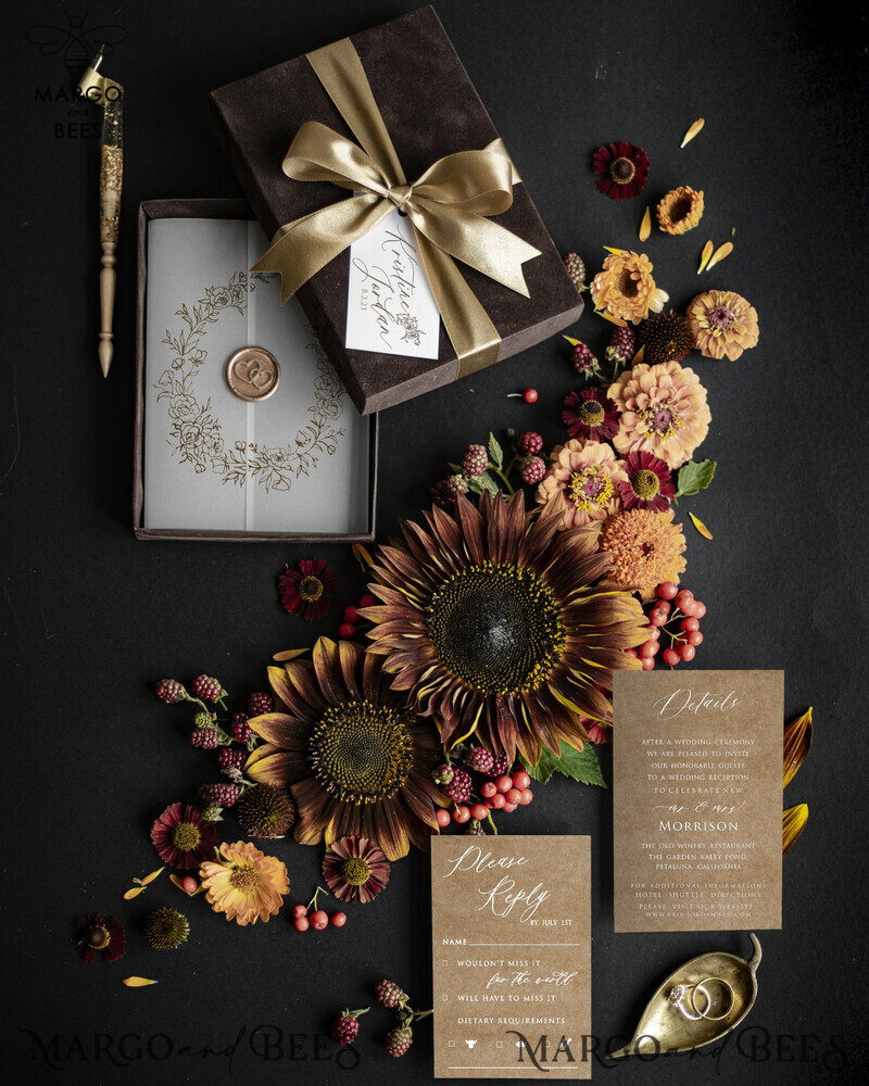 Luxury wedding invitation in Box, Velvet Vellum Wedding Invitations, Brown clear Wedding Crads-1