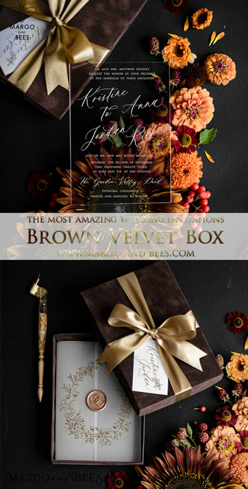  Luxury Velvet Box Wedding Invitations, Elegant Acrylic Plexi Wedding Invites With Gold Bow, Glamour Golden Shine Wedding Cards, Handmade Wedding Stationery-5