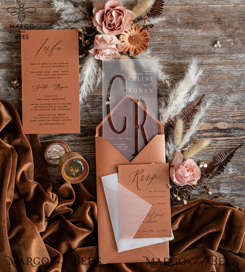 Elegantly Romantic: Acrylic Wedding Invitations in Terracotta & Gold-1