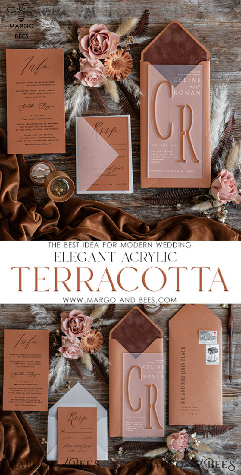 Elegantly Romantic: Acrylic Wedding Invitations in Terracotta & Gold-3