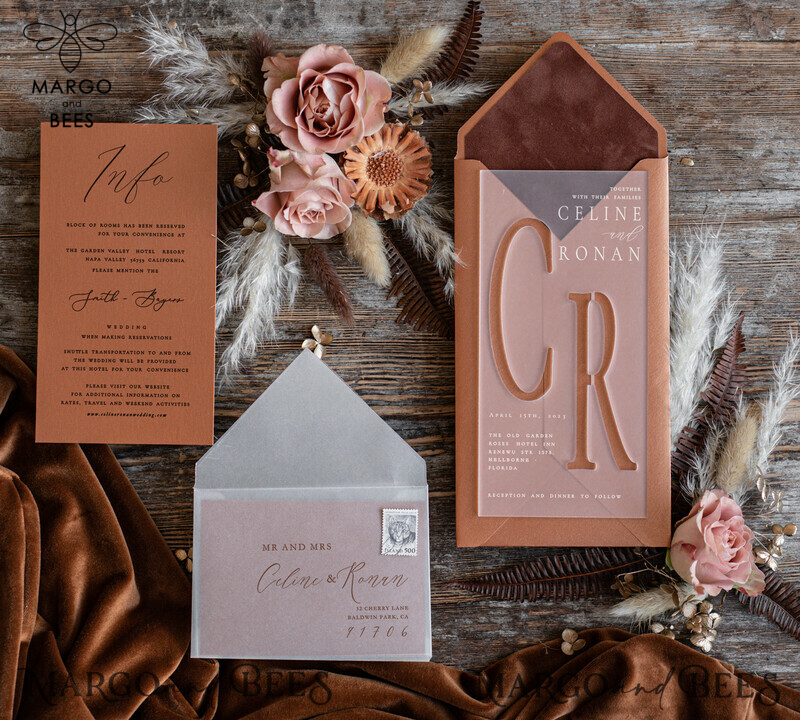 Elegantly Romantic: Acrylic Wedding Invitations in Terracotta & Gold-4