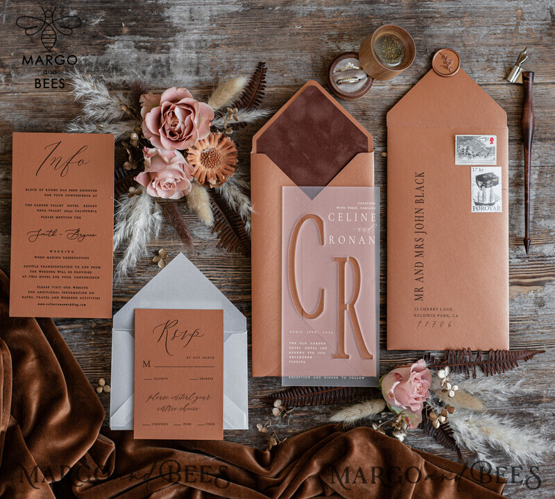 Elegantly Romantic: Acrylic Wedding Invitations in Terracotta & Gold-0