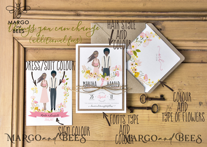 Silhouette Wedding Invitation Suite Bride and Groom Custom Illustration  Stationery with Eco Envelope Floral Liner with Monogram-6