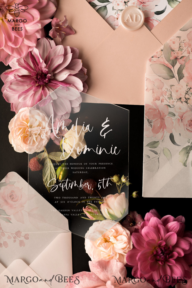 Romantic Floral Wedding Invites, Luxury Blush Pink Wedding Invitations, Elegant Geometric Wedding Cards, Handmade Vellum Wedding Stationery-5