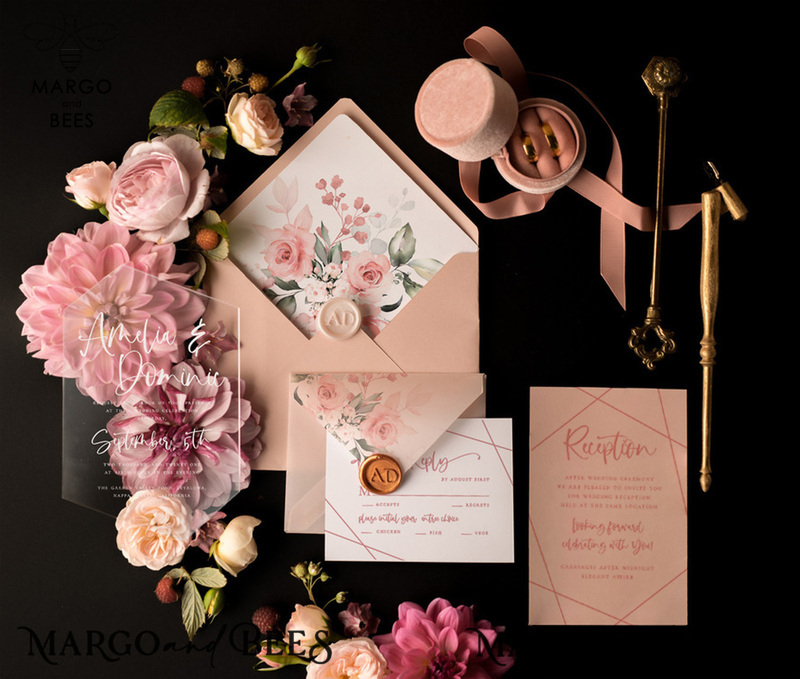 Romantic Floral Wedding Invites, Luxury Blush Pink Wedding Invitations, Elegant Geometric Wedding Cards, Handmade Vellum Wedding Stationery-1